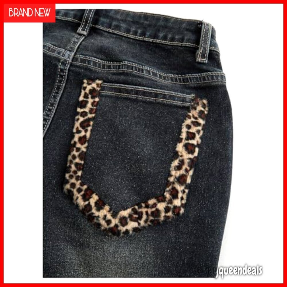 Women's Leopard Faux Fur Skinny Jeans Low Rise Capris Denim Pants - Picture 4 of 4
